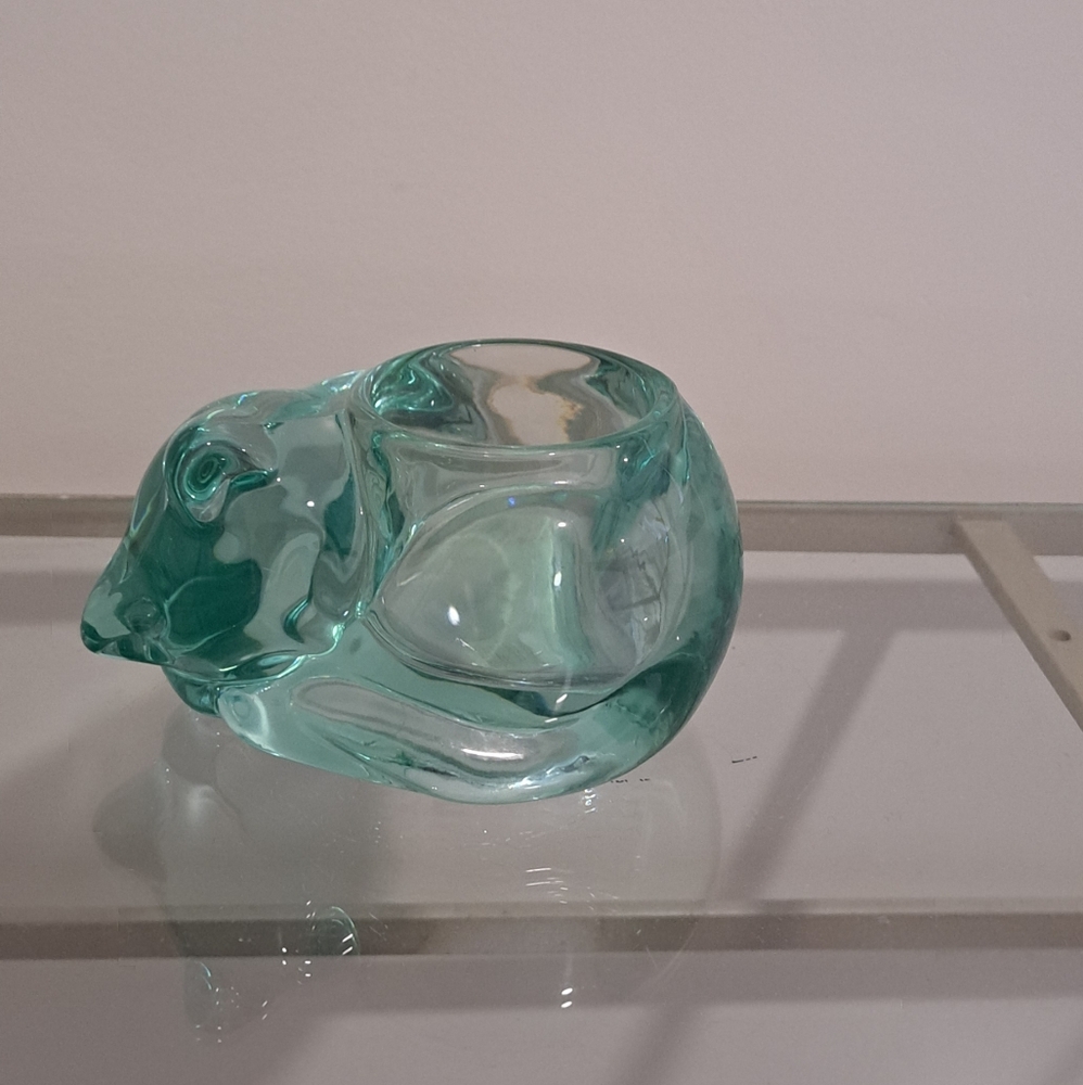 Vtg. Indiana Glass Sleeping Cat Boho Fairycore Shabby Chic Votive Candle Holder.